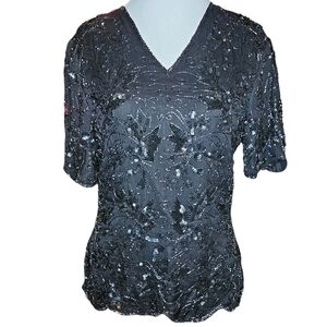 VTG Rare Stenay 100% Silk Fully Beaded Top Blouse Small Black Sequin Fitted